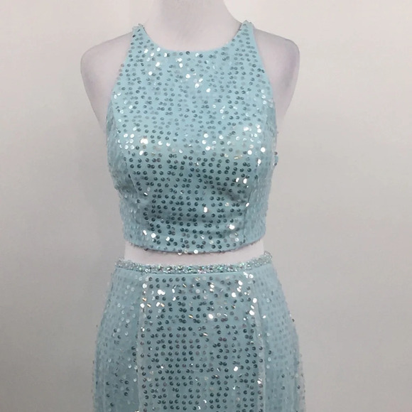 Ellie Wilde Prom Dress Womens 4 Blue Sequins Beaded Crop Top Skirt Set Strappy - Picture 2 of 16